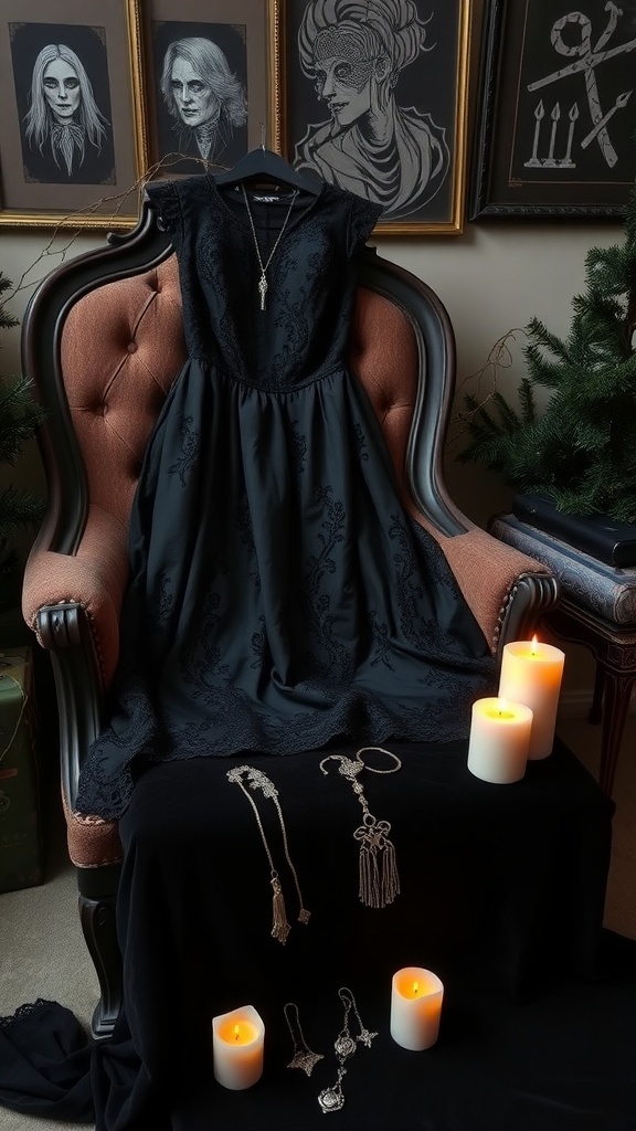 Goth-inspired Christmas wishlist items including a black lace dress, gothic jewelry, and candles.
